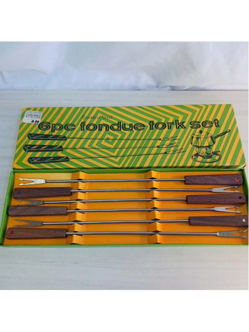 Vintage 1970s Stainless Steel Fondue Fork Set Wood Handles 6 Piece